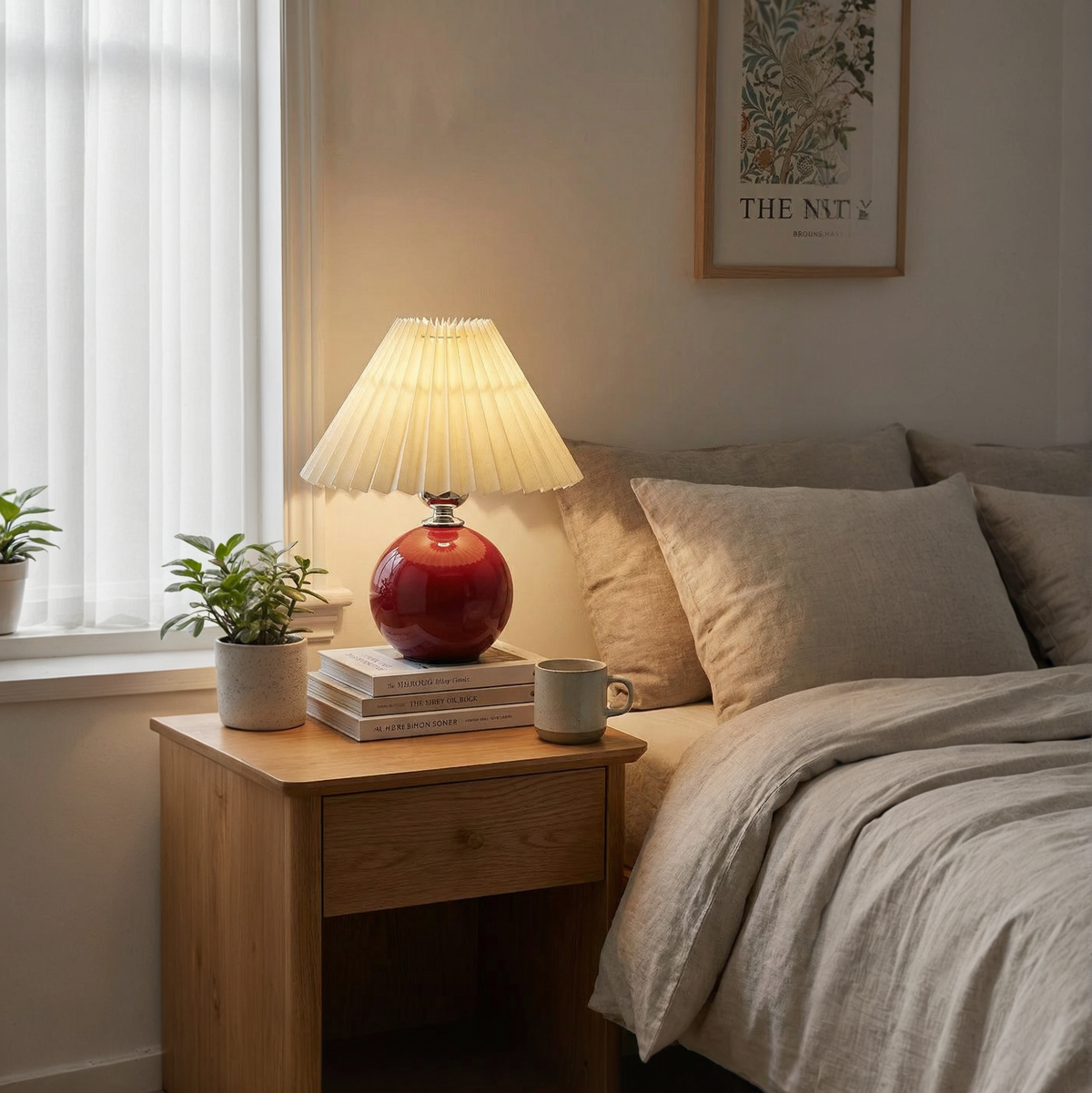 Lampe de table en céramique avec abat-jour en forme d’éventail, beige, abat-jour en tissu, lampe de chevet ou de bureau, style rétro, éclairage d’ambiance | Sulvida