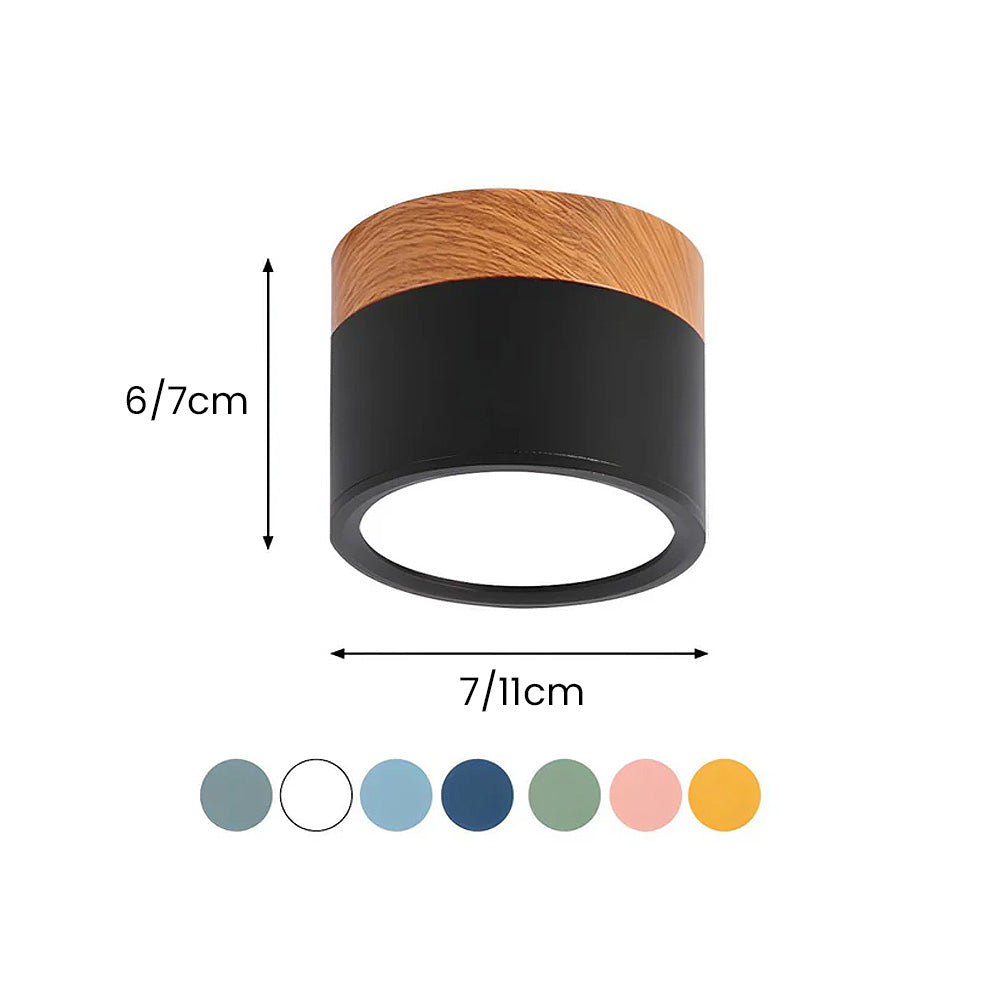 Compacte plafondspot aluminium hout rond warm wit LED verlichting hal woonkamer eetkamer modern Scandinavisch | Sulvida