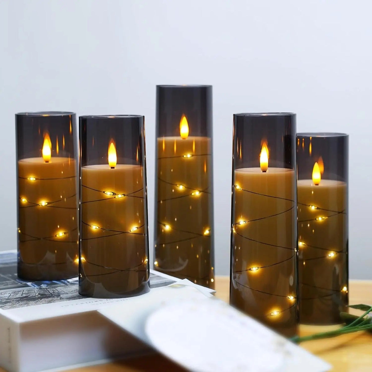 LED Kaarsen op Batterij Acryl Flikkerlicht Timer Grijs Transparant Sfeerverlichting Bruiloft Kerst Decoratie | Sulvida