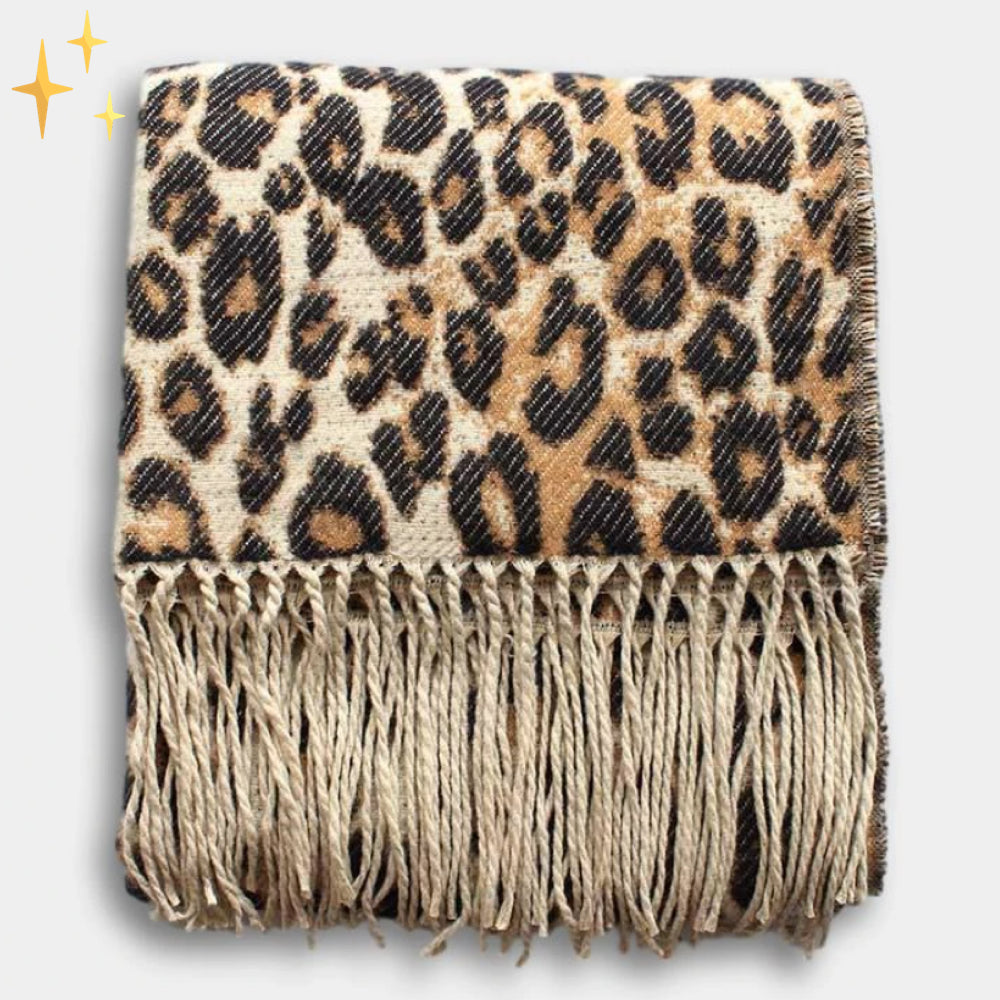 Gebreide Sjaal met Leopardprint – Warme Wintersjaal met Kwasten – Stijlvolle Luxe Damessjaal Accessoire | Sulvida