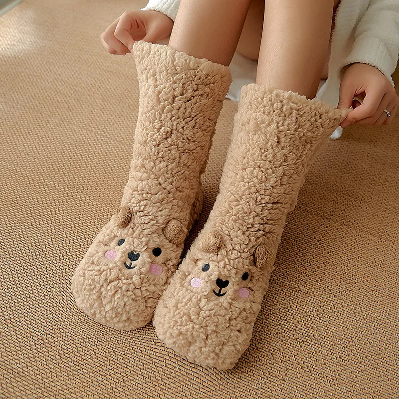Zachte Warme Sokken met Berenprint Antislip Fluffy Pluche Huissokken Winter Dames Heren Comfortabel Thuis | Sulvida