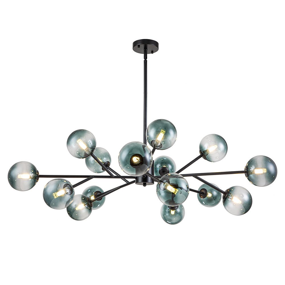 Hedendaagse kroonluchter 15 blauwe glazen bollen takkenontwerp zwart goud modern interieur verlichting | Sulvida