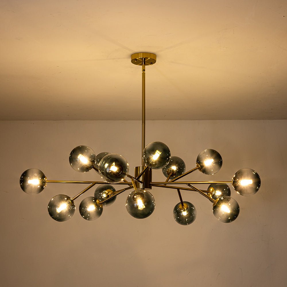 Hedendaagse kroonluchter 15 blauwe glazen bollen takkenontwerp zwart goud modern interieur verlichting | Sulvida