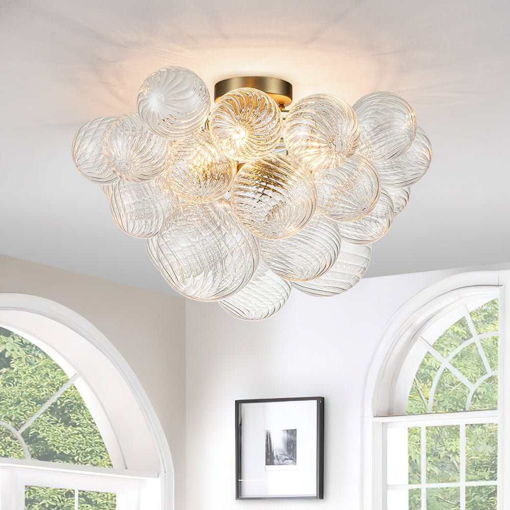 Glazen Plafondbel Kroonluchter Goudkleurig 3-Lichts Ribbel Bubble Plafondlamp Moderne Woonkamer Slaapkamer | Sulvida