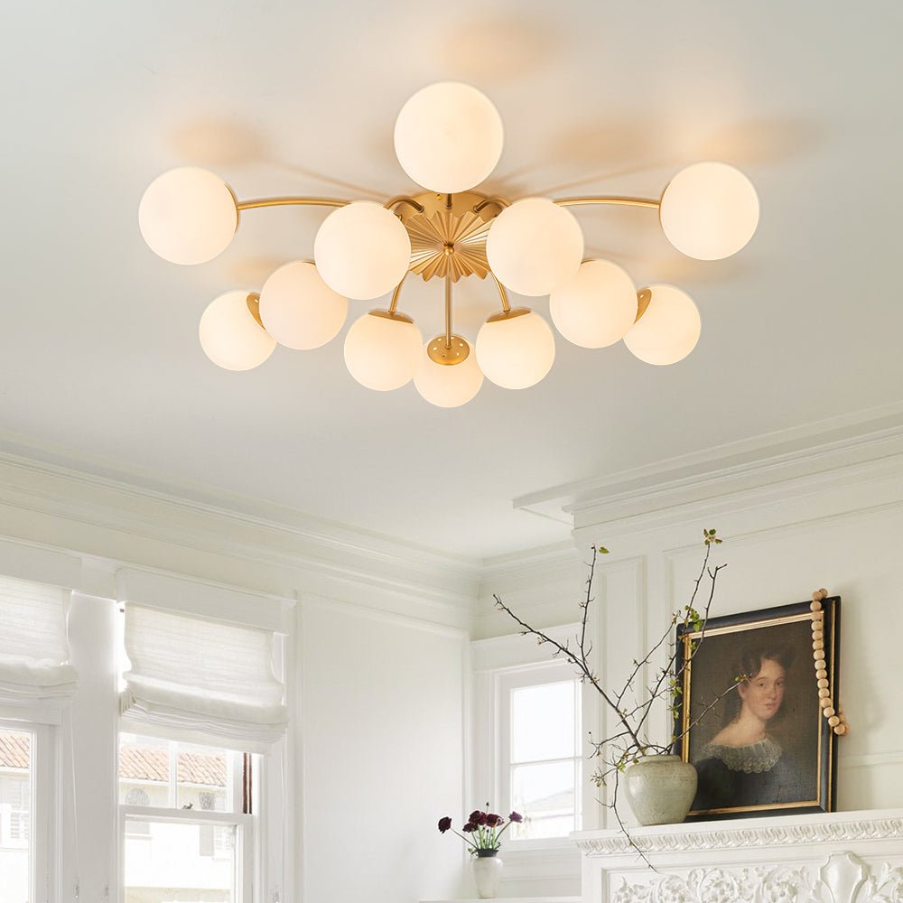 Glazen Bubble Kroonluchter 12 Lichtpunten Semi-Plafond Opaal Wit Glas Messing Chroom Zwart Moderne Hanglamp | Sulvida