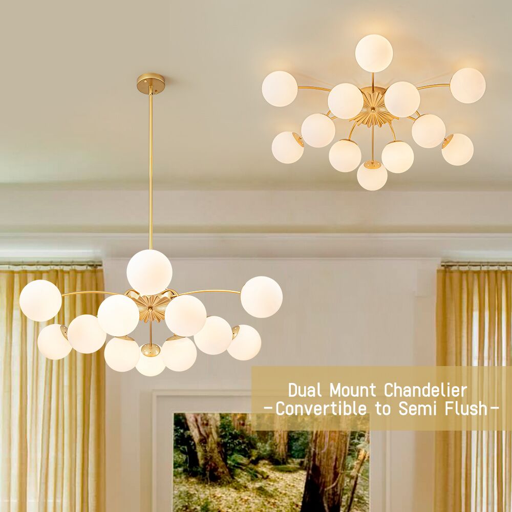 Glazen Bubble Kroonluchter 12 Lichtpunten Semi-Plafond Opaal Wit Glas Messing Chroom Zwart Moderne Hanglamp | Sulvida