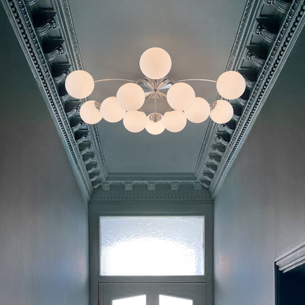 Glazen Bubble Kroonluchter 12 Lichtpunten Semi-Plafond Opaal Wit Glas Messing Chroom Zwart Moderne Hanglamp | Sulvida
