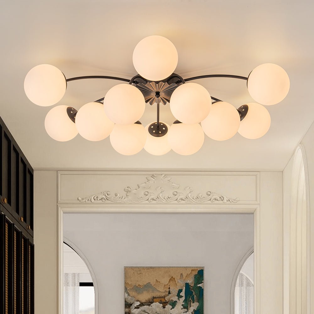 Glazen Bubble Kroonluchter 12 Lichtpunten Semi-Plafond Opaal Wit Glas Messing Chroom Zwart Moderne Hanglamp | Sulvida