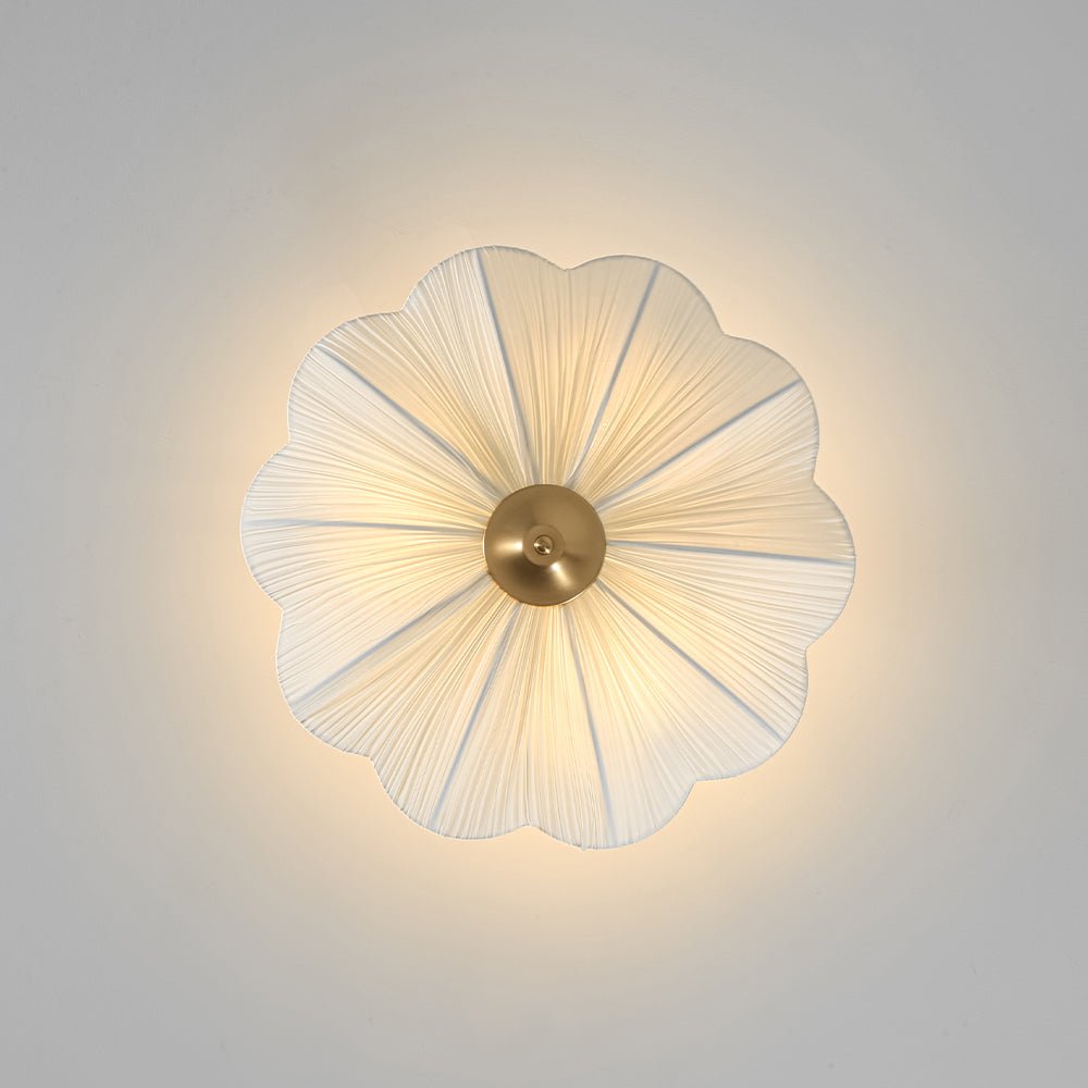 Plafondlamp plissé ivoor stof bloem 3 lichtpunten E26 mat messing mid-century modern design woonkamer slaapkamer | Sulvida