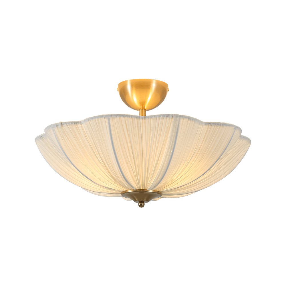Plafondlamp plissé ivoor stof bloem 3 lichtpunten E26 mat messing mid-century modern design woonkamer slaapkamer | Sulvida