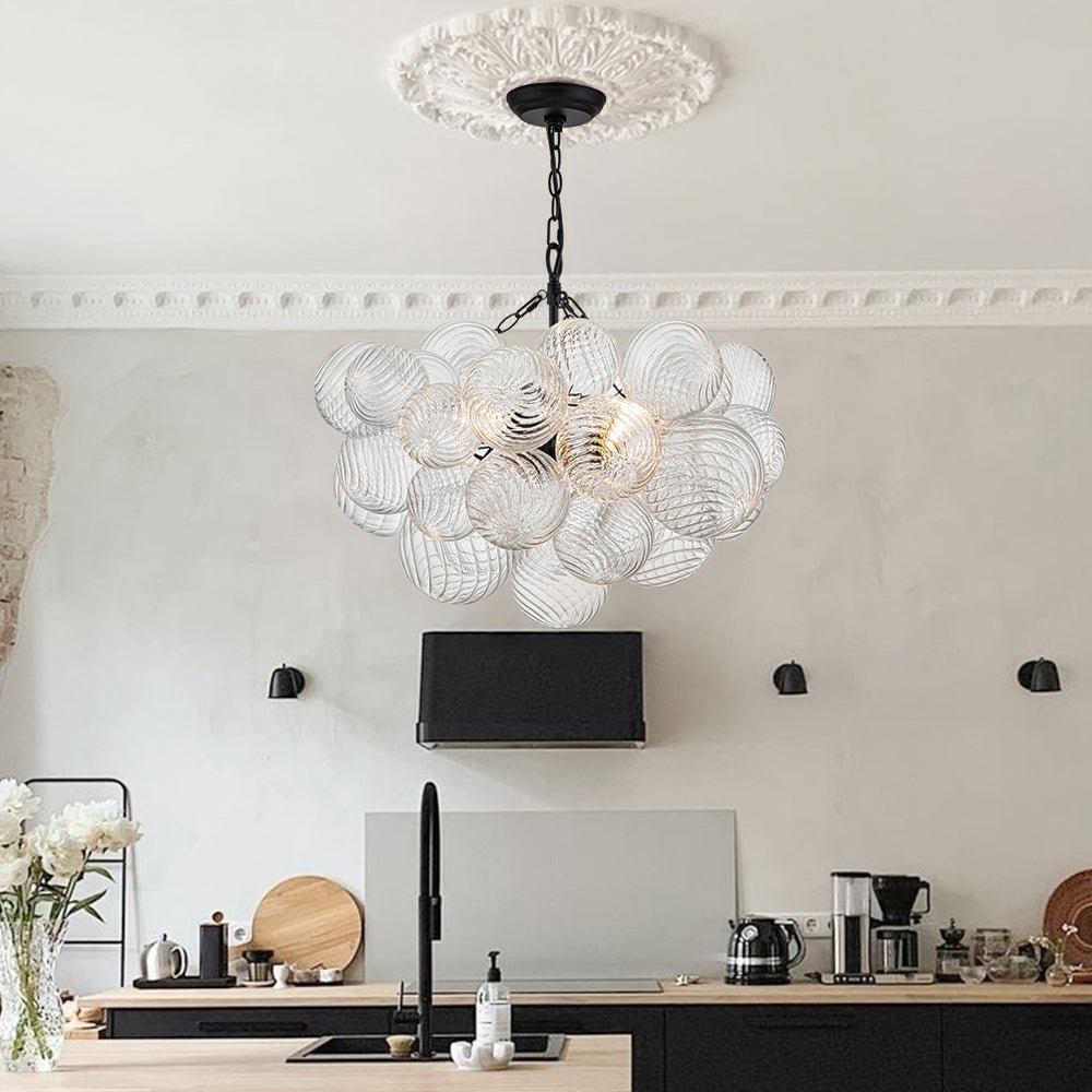 Glazen Bollenkroonluchter Geribbeld Glas 3 of 8 Lichtpunten Hanglamp Messing Nikkel Zwart Dimbaar Eetkamer | Sulvida