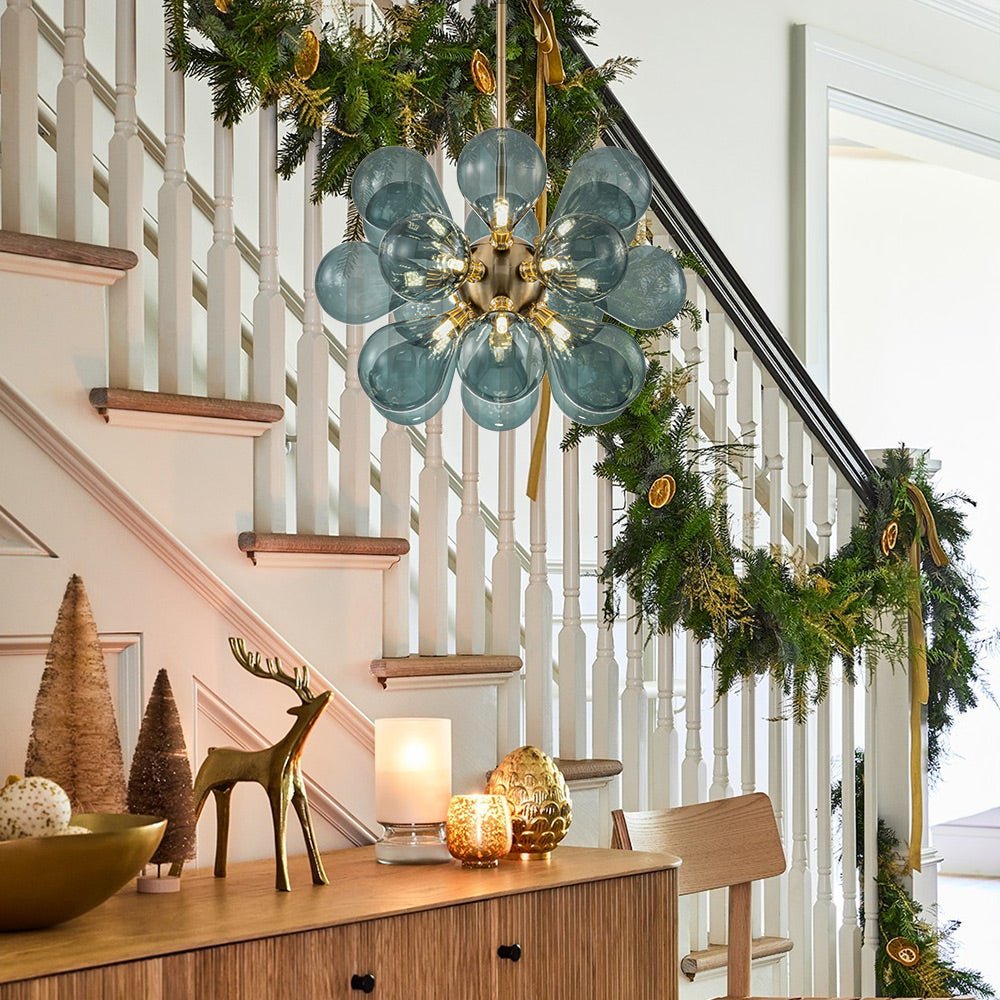 Glazen Kroonluchter 18 Lichtpunten Blauw Goud Eetkamer Woonkamer Decoratief Hanglamp Design Statement | Sulvida