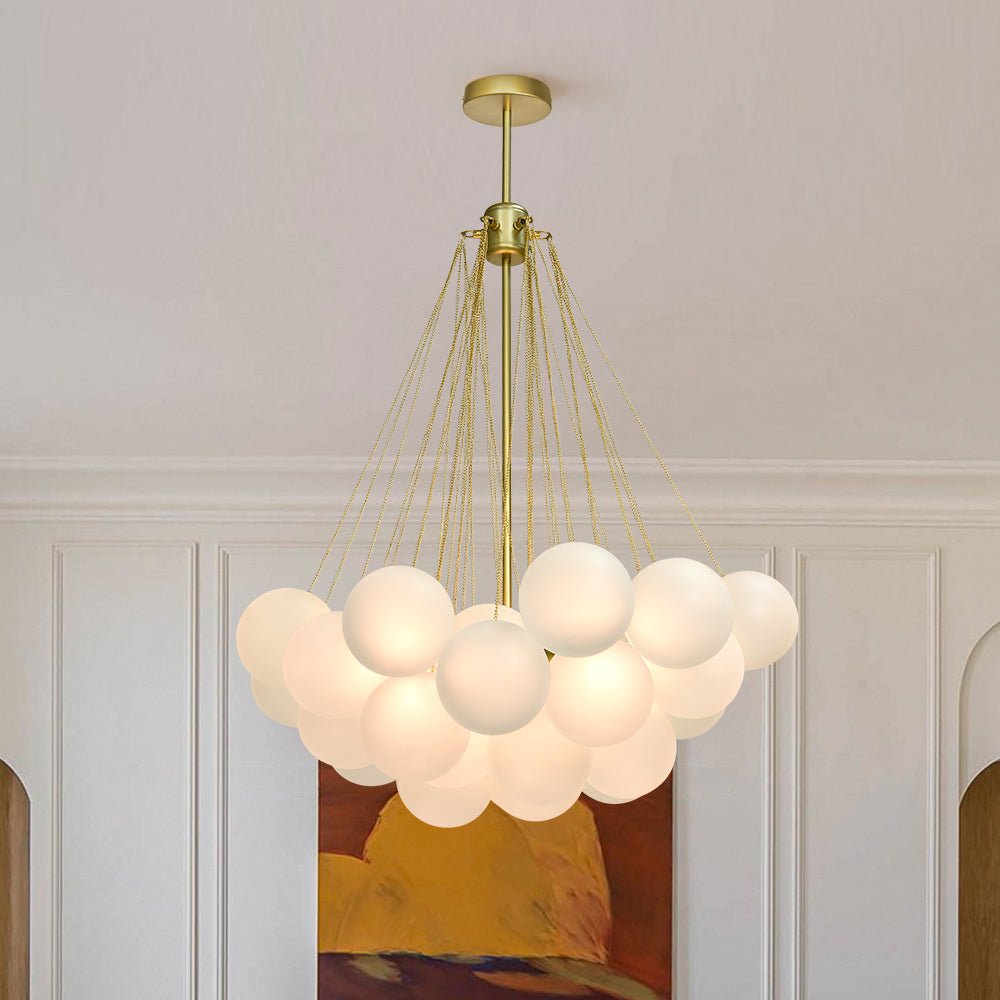 Glazen Bellenhanglamp Mat Opaal Cluster 19 of 37 Bollen Goud Zwart Modern Design Eetkamer Woonkamer E26 | Sulvida