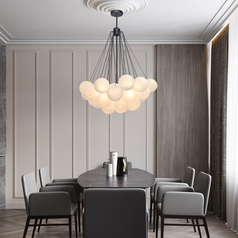 Glazen Bellenhanglamp Mat Opaal Cluster 19 of 37 Bollen Goud Zwart Modern Design Eetkamer Woonkamer E26 | Sulvida