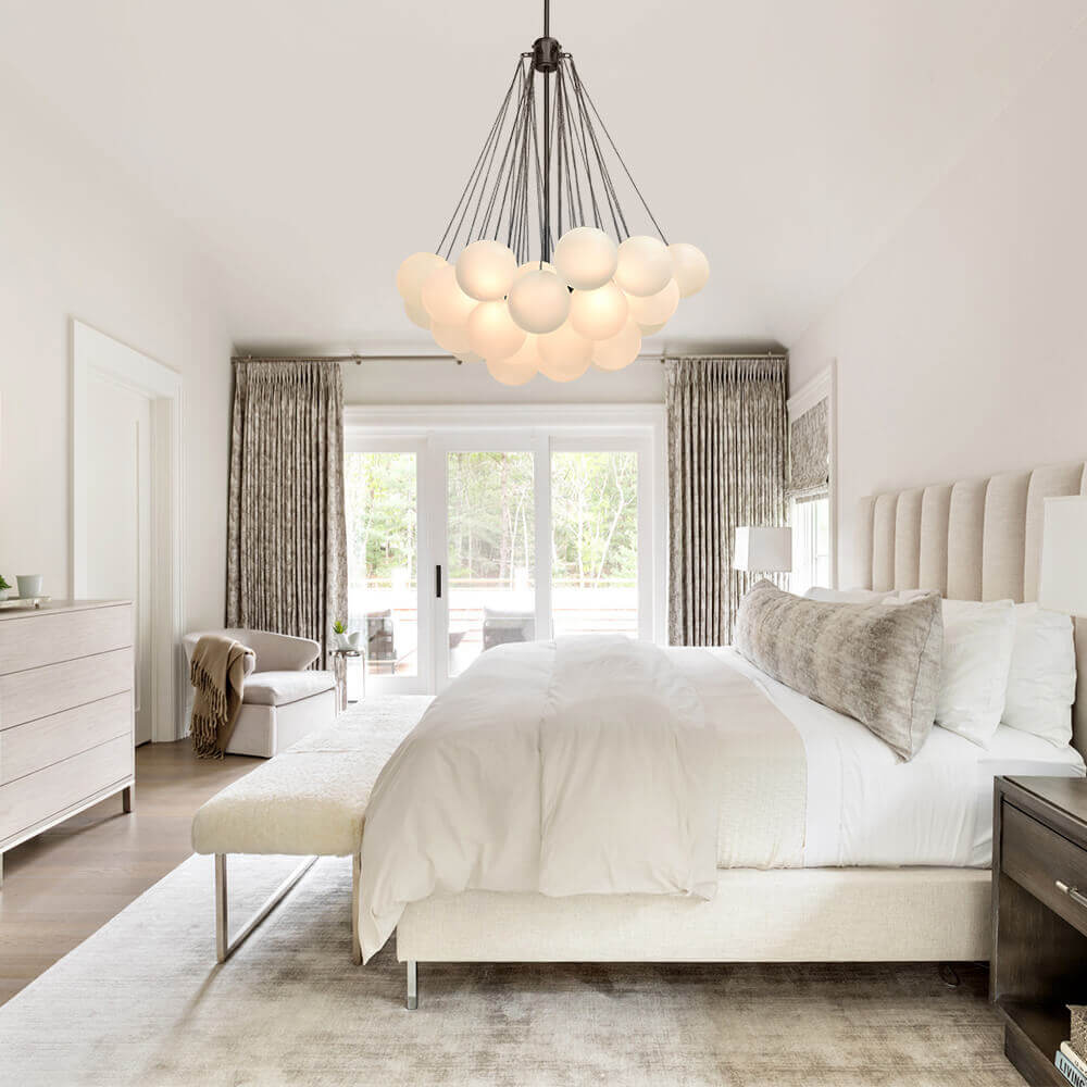 Glazen Bellenhanglamp Mat Opaal Cluster 19 of 37 Bollen Goud Zwart Modern Design Eetkamer Woonkamer E26 | Sulvida