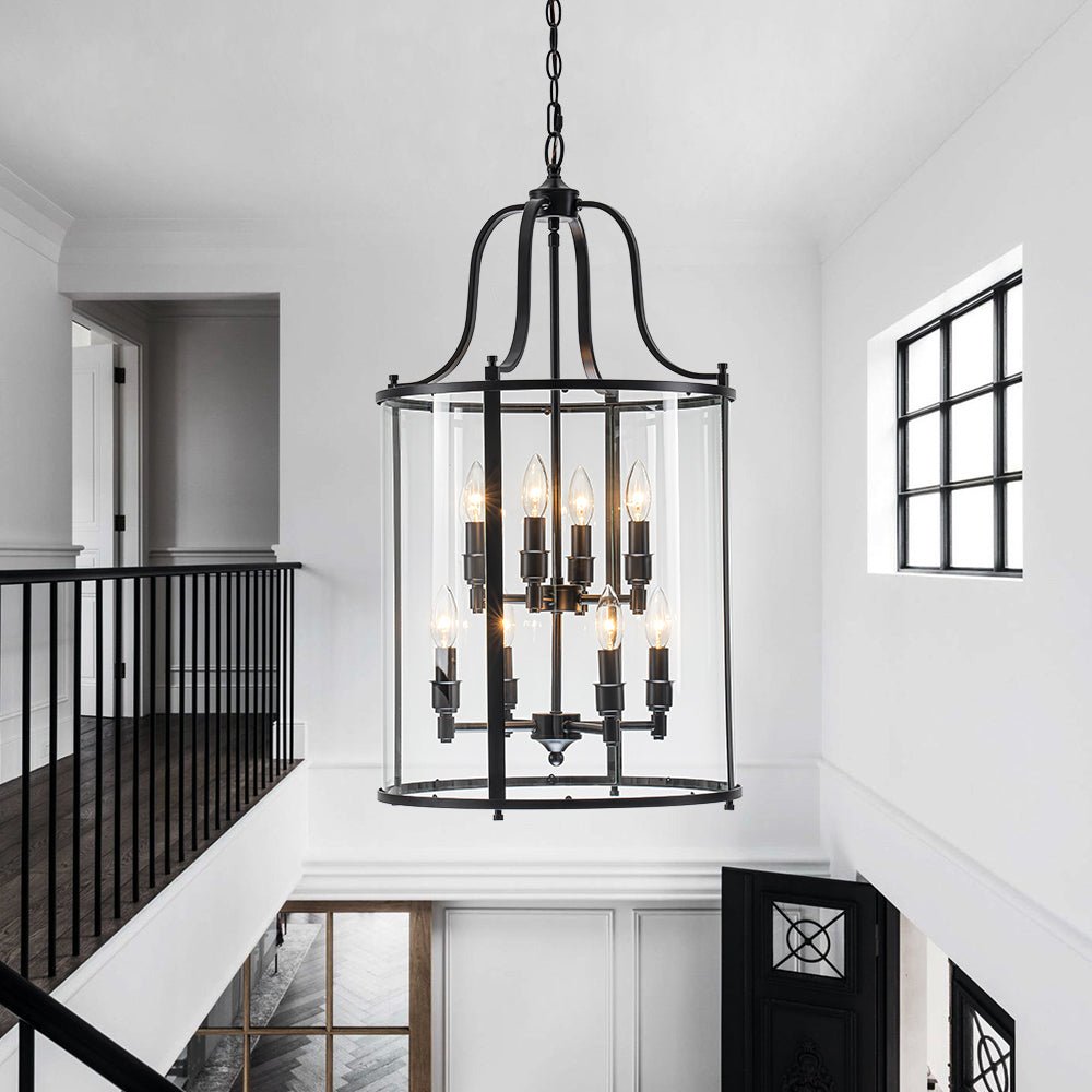 Cylindrische Kooilantaarn Hanglamp Helder Glas 8 Lichtpunten Kaarsstijl Zwart Goud Messing Eetkamer Woonkamer | Sulvida