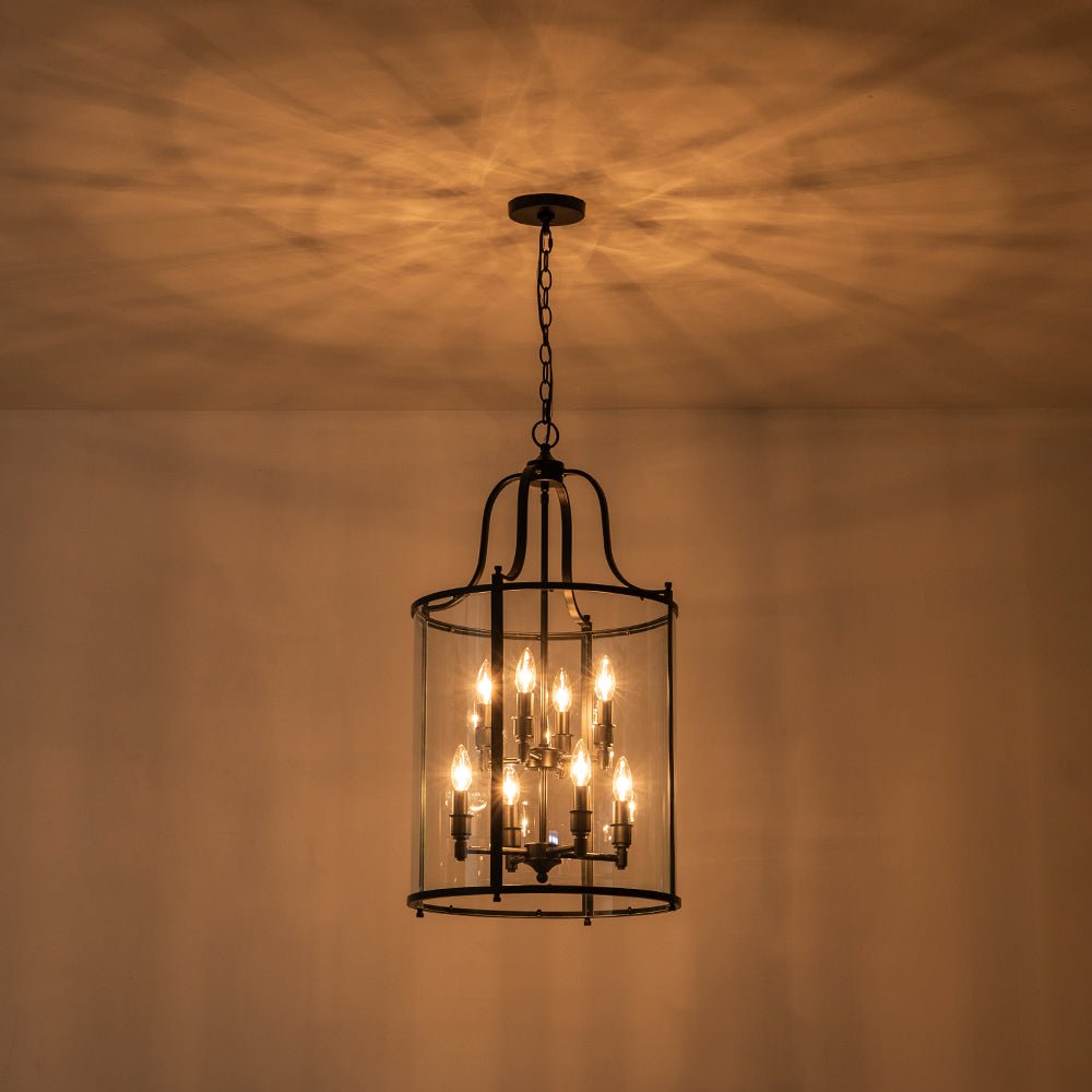 Cylindrische Kooilantaarn Hanglamp Helder Glas 8 Lichtpunten Kaarsstijl Zwart Goud Messing Eetkamer Woonkamer | Sulvida