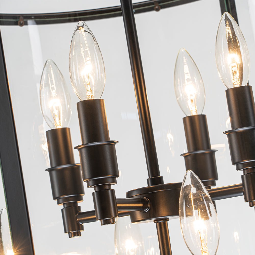 Cylindrische Kooilantaarn Hanglamp Helder Glas 8 Lichtpunten Kaarsstijl Zwart Goud Messing Eetkamer Woonkamer | Sulvida