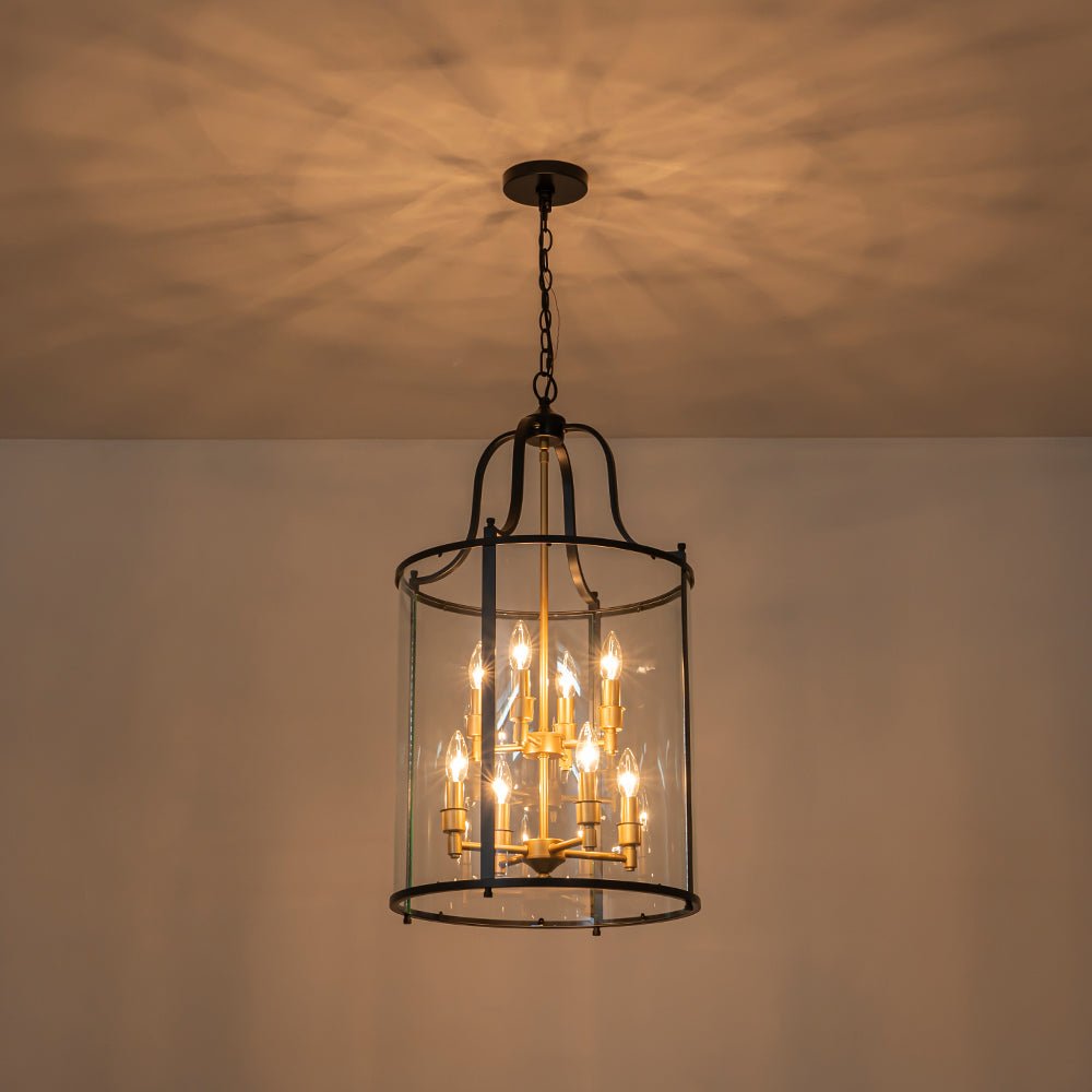 Cylindrische Kooilantaarn Hanglamp Helder Glas 8 Lichtpunten Kaarsstijl Zwart Goud Messing Eetkamer Woonkamer | Sulvida