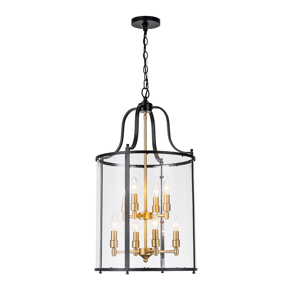 Cylindrische Kooilantaarn Hanglamp Helder Glas 8 Lichtpunten Kaarsstijl Zwart Goud Messing Eetkamer Woonkamer | Sulvida