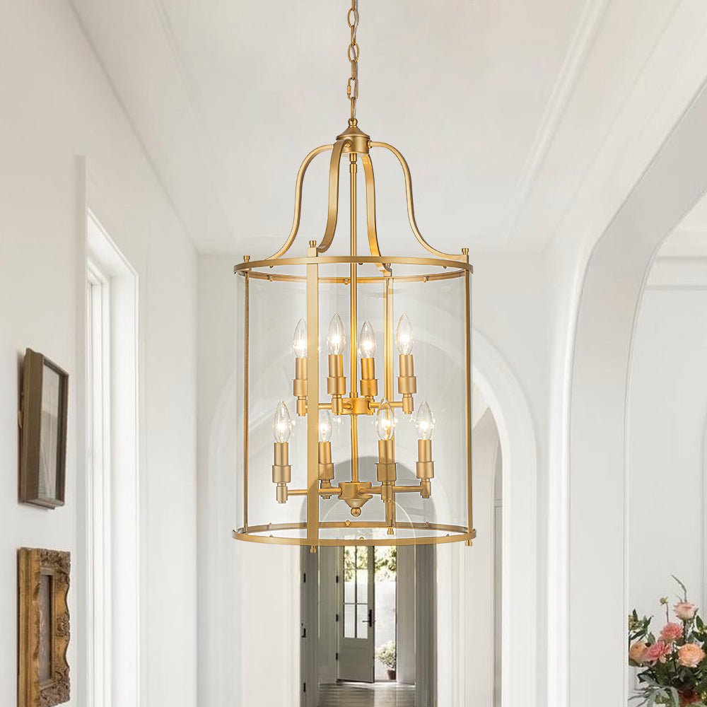 Cylindrische Kooilantaarn Hanglamp Helder Glas 8 Lichtpunten Kaarsstijl Zwart Goud Messing Eetkamer Woonkamer | Sulvida