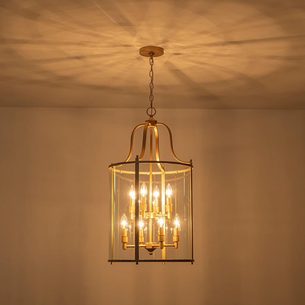 Cylindrische Kooilantaarn Hanglamp Helder Glas 8 Lichtpunten Kaarsstijl Zwart Goud Messing Eetkamer Woonkamer | Sulvida