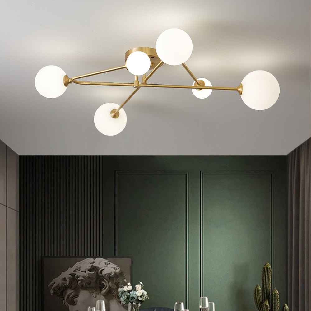 Semi-plafondlamp met 6 glazen bollen messing sputnik design dimbaar G9-fitting modern interieur woonkamer | Sulvida