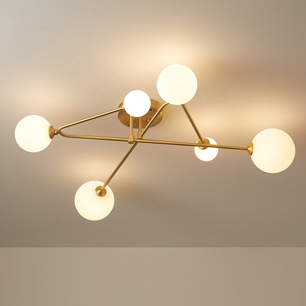 Semi-plafondlamp met 6 glazen bollen messing sputnik design dimbaar G9-fitting modern interieur woonkamer | Sulvida