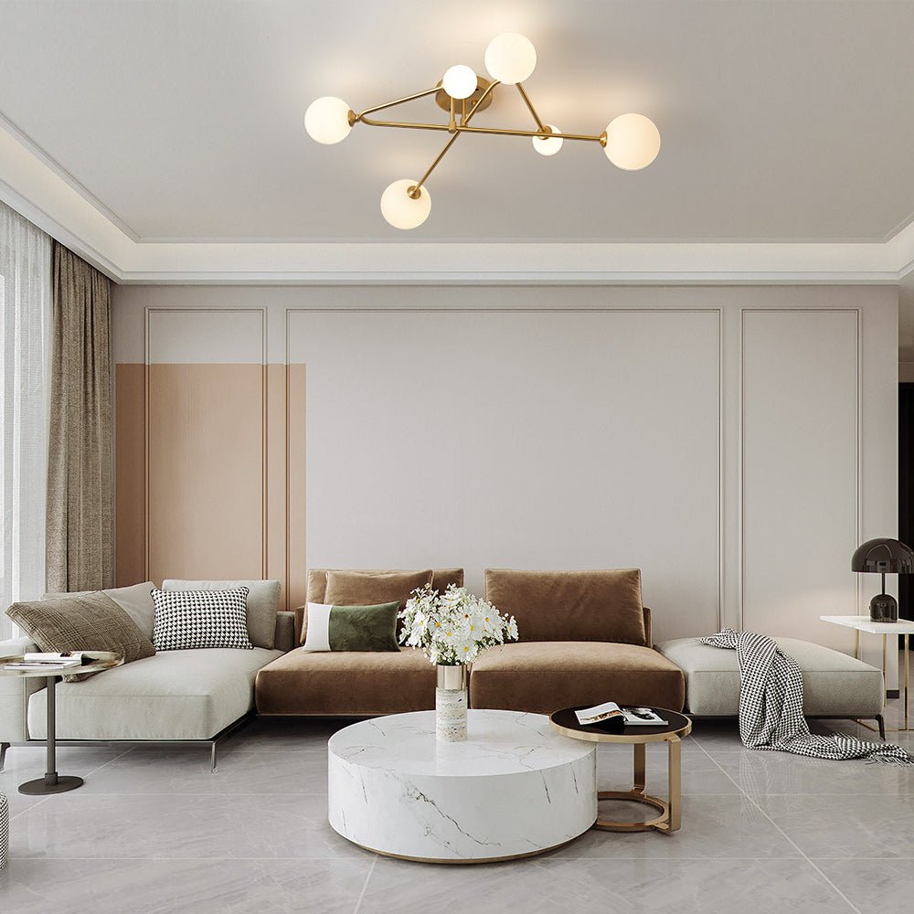 Semi-plafondlamp met 6 glazen bollen messing sputnik design dimbaar G9-fitting modern interieur woonkamer | Sulvida