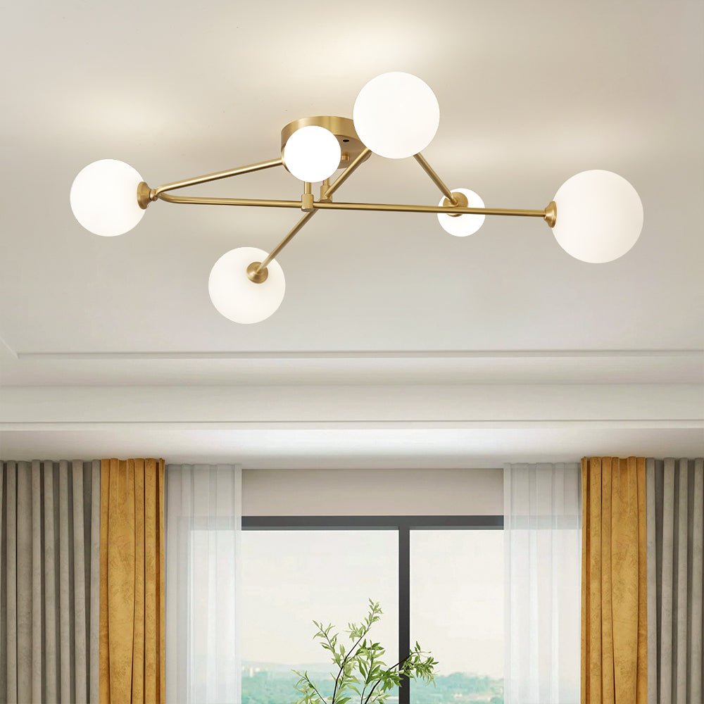 Semi-plafondlamp met 6 glazen bollen messing sputnik design dimbaar G9-fitting modern interieur woonkamer | Sulvida