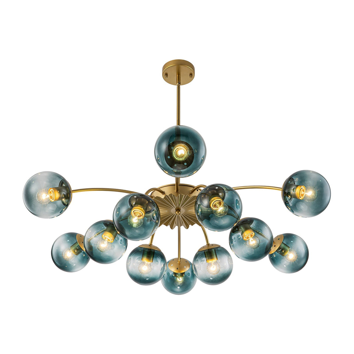 Plafondlamp 12 Lichtpunten Blauwe Glazen Bollen Verguld Sputnik Design Kroonluchter Luxe Woonkamer Interieur | Sulvida