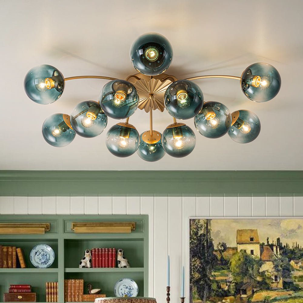 Plafondlamp 12 Lichtpunten Blauwe Glazen Bollen Verguld Sputnik Design Kroonluchter Luxe Woonkamer Interieur | Sulvida
