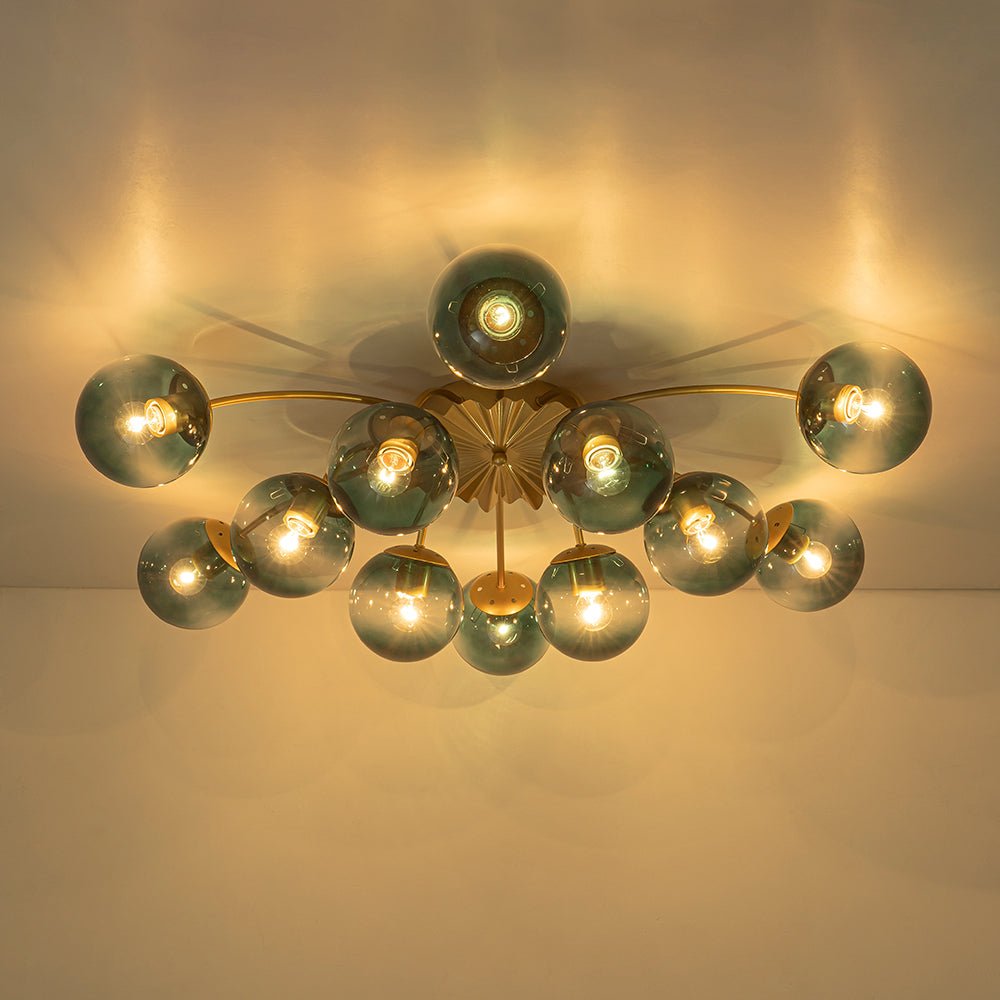 Plafondlamp 12 Lichtpunten Blauwe Glazen Bollen Verguld Sputnik Design Kroonluchter Luxe Woonkamer Interieur | Sulvida