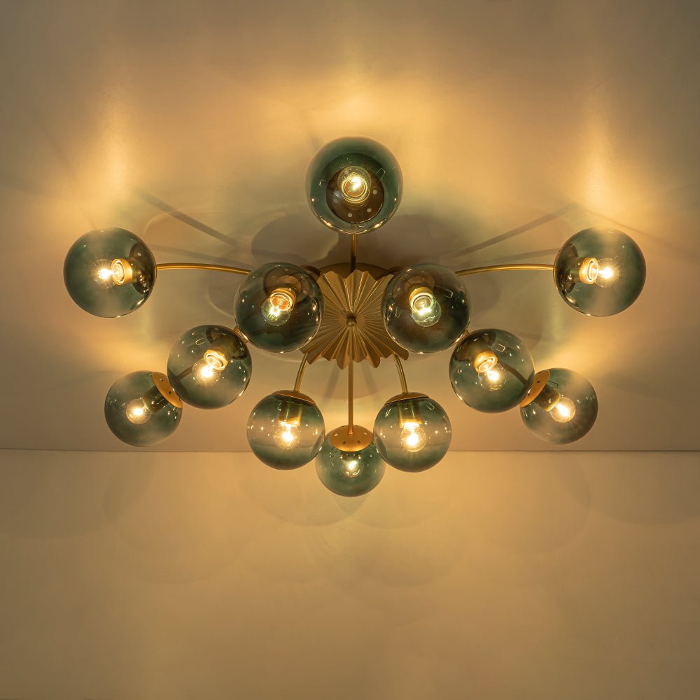 Plafondlamp 12 Lichtpunten Blauwe Glazen Bollen Verguld Sputnik Design Kroonluchter Luxe Woonkamer Interieur | Sulvida
