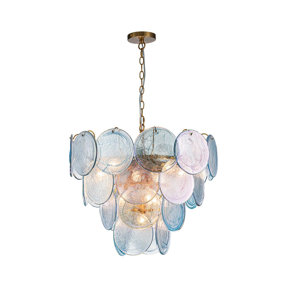 Ronde meerlaagse kroonluchter met blauw iriserende glazen schijven geborstelde messing afwerking hanglamp | Sulvida