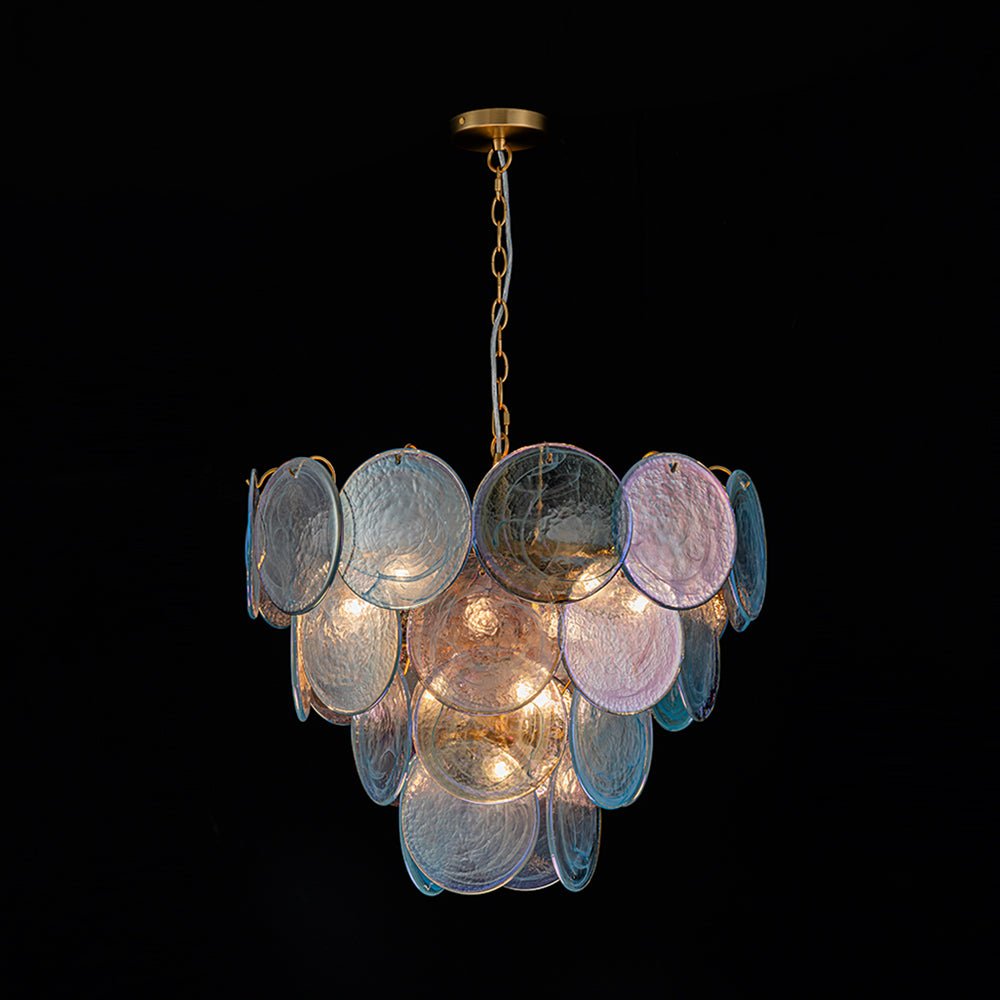 Ronde meerlaagse kroonluchter met blauw iriserende glazen schijven geborstelde messing afwerking hanglamp | Sulvida