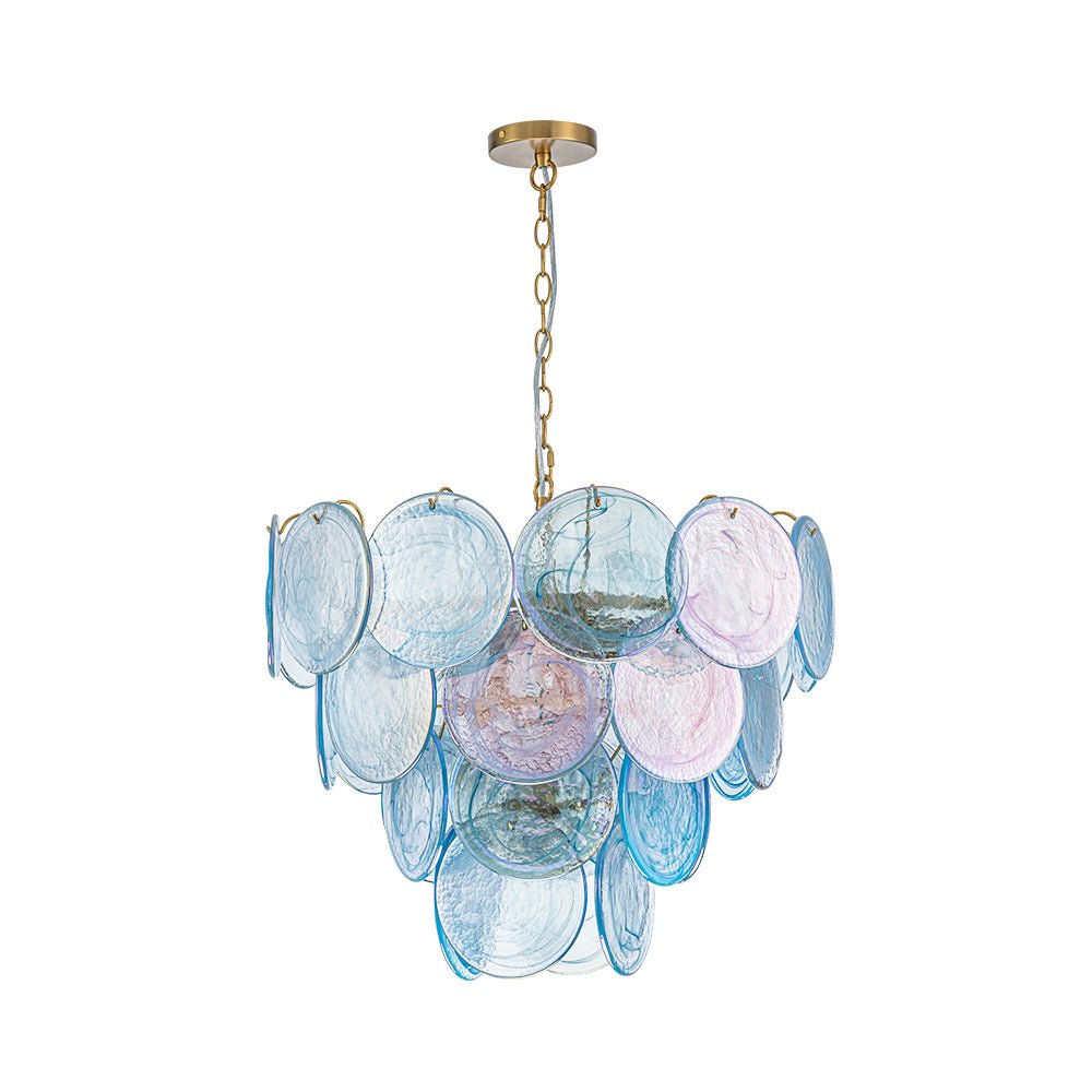 Ronde meerlaagse kroonluchter met blauw iriserende glazen schijven geborstelde messing afwerking hanglamp | Sulvida