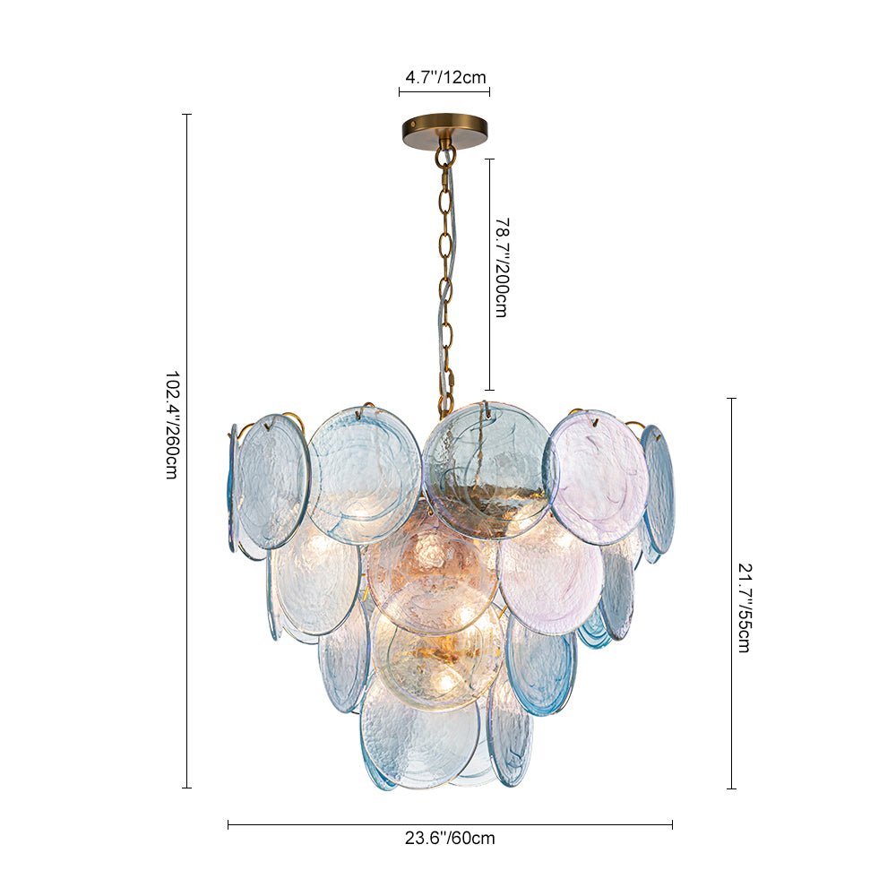 Ronde meerlaagse kroonluchter met blauw iriserende glazen schijven geborstelde messing afwerking hanglamp | Sulvida