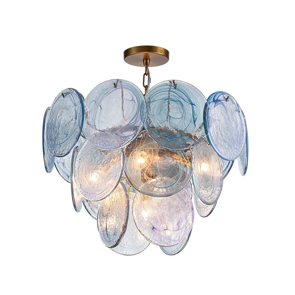 Ronde meerlaagse kroonluchter met blauw iriserende glazen schijven geborstelde messing afwerking hanglamp | Sulvida