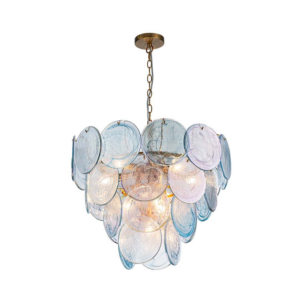 Ronde meerlaagse kroonluchter met blauw iriserende glazen schijven geborstelde messing afwerking hanglamp | Sulvida