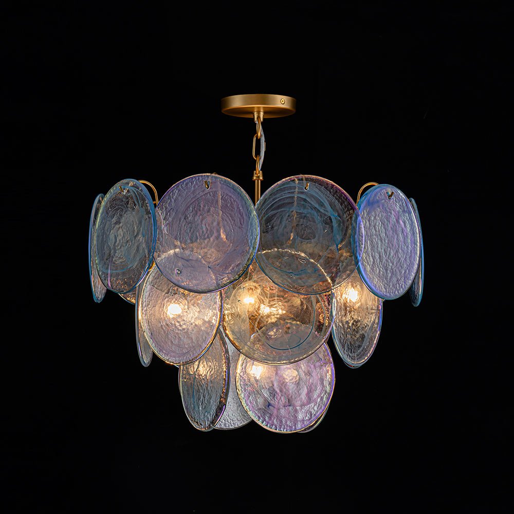 Ronde meerlaagse kroonluchter met blauw iriserende glazen schijven geborstelde messing afwerking hanglamp | Sulvida