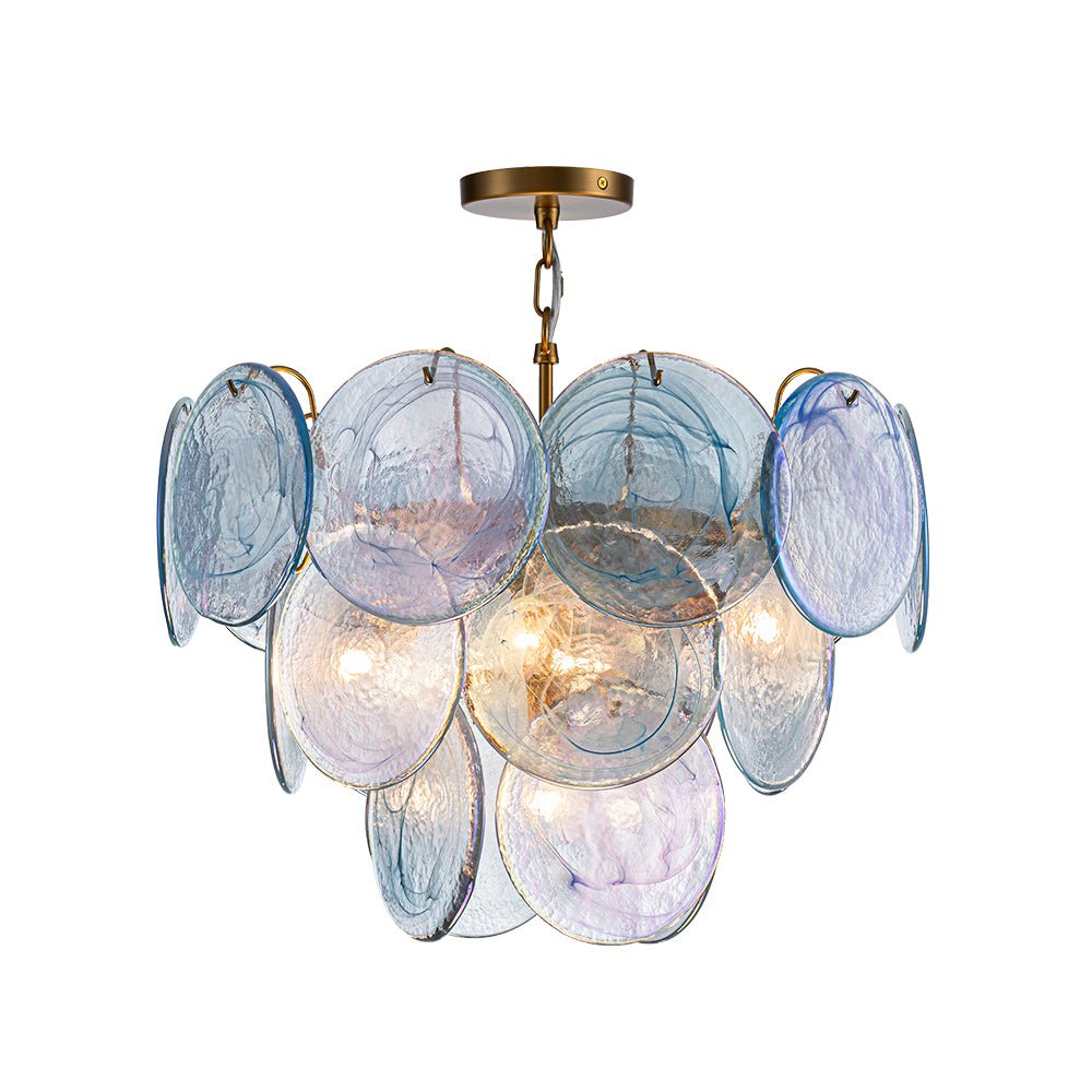 Ronde meerlaagse kroonluchter met blauw iriserende glazen schijven geborstelde messing afwerking hanglamp | Sulvida