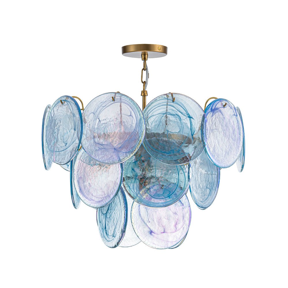 Ronde meerlaagse kroonluchter met blauw iriserende glazen schijven geborstelde messing afwerking hanglamp | Sulvida