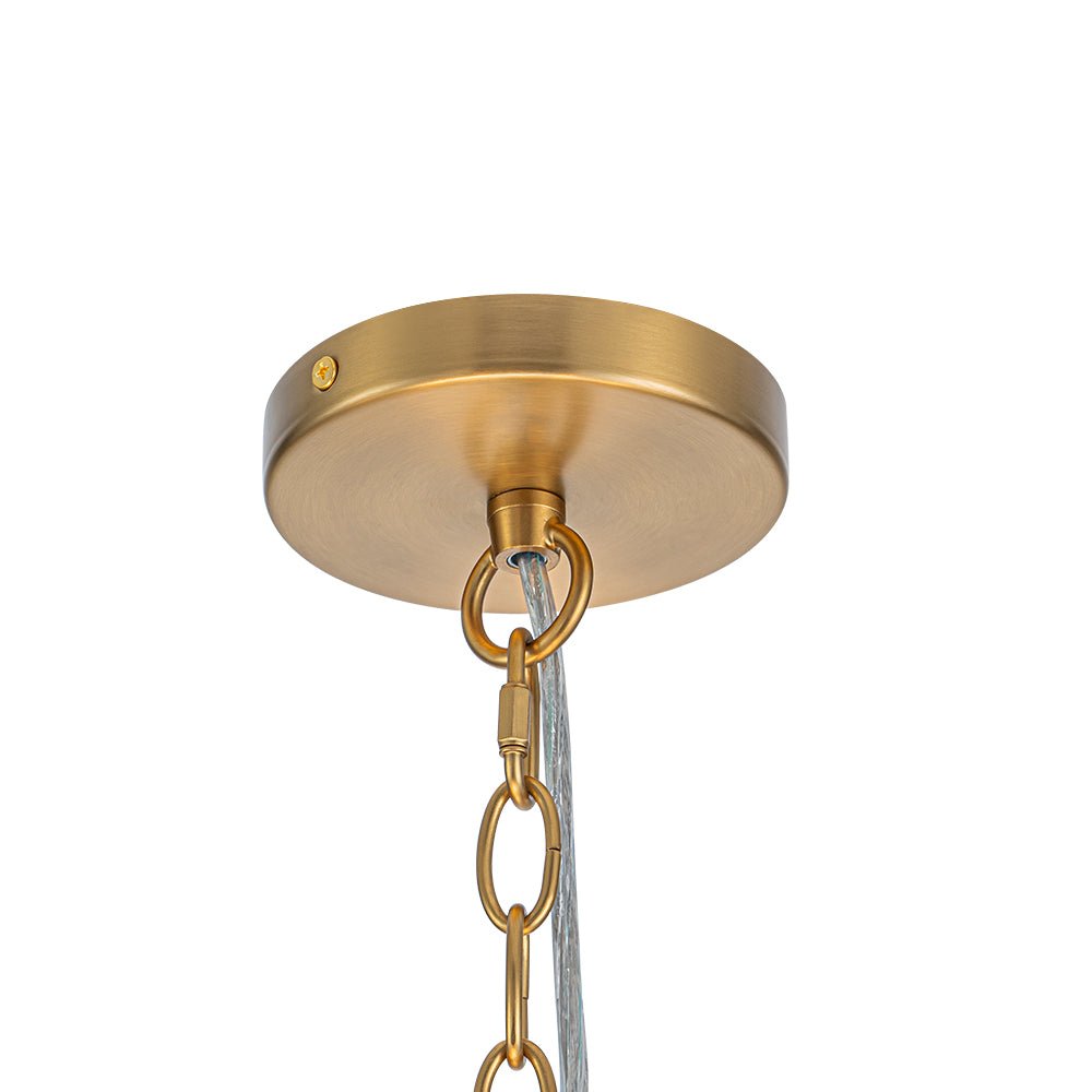 Ronde meerlaagse kroonluchter met blauw iriserende glazen schijven geborstelde messing afwerking hanglamp | Sulvida