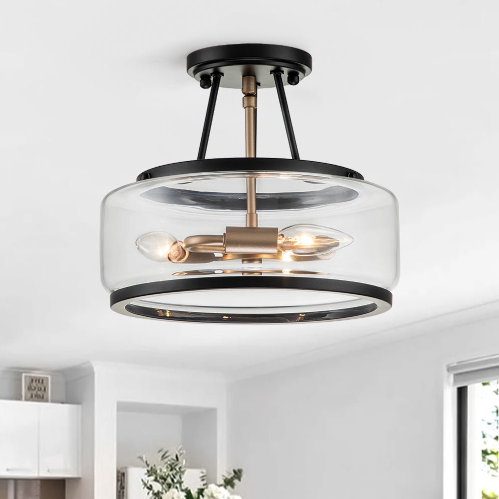 Semi-plafondlamp glas 3-lichts zwart messing ronde drum voor hal keuken slaapkamer E12 fitting modern design | Sulvida