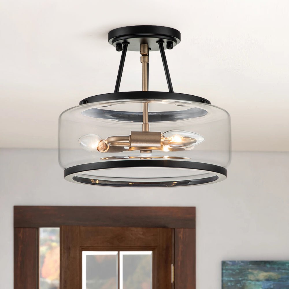 Semi-plafondlamp glas 3-lichts zwart messing ronde drum voor hal keuken slaapkamer E12 fitting modern design | Sulvida