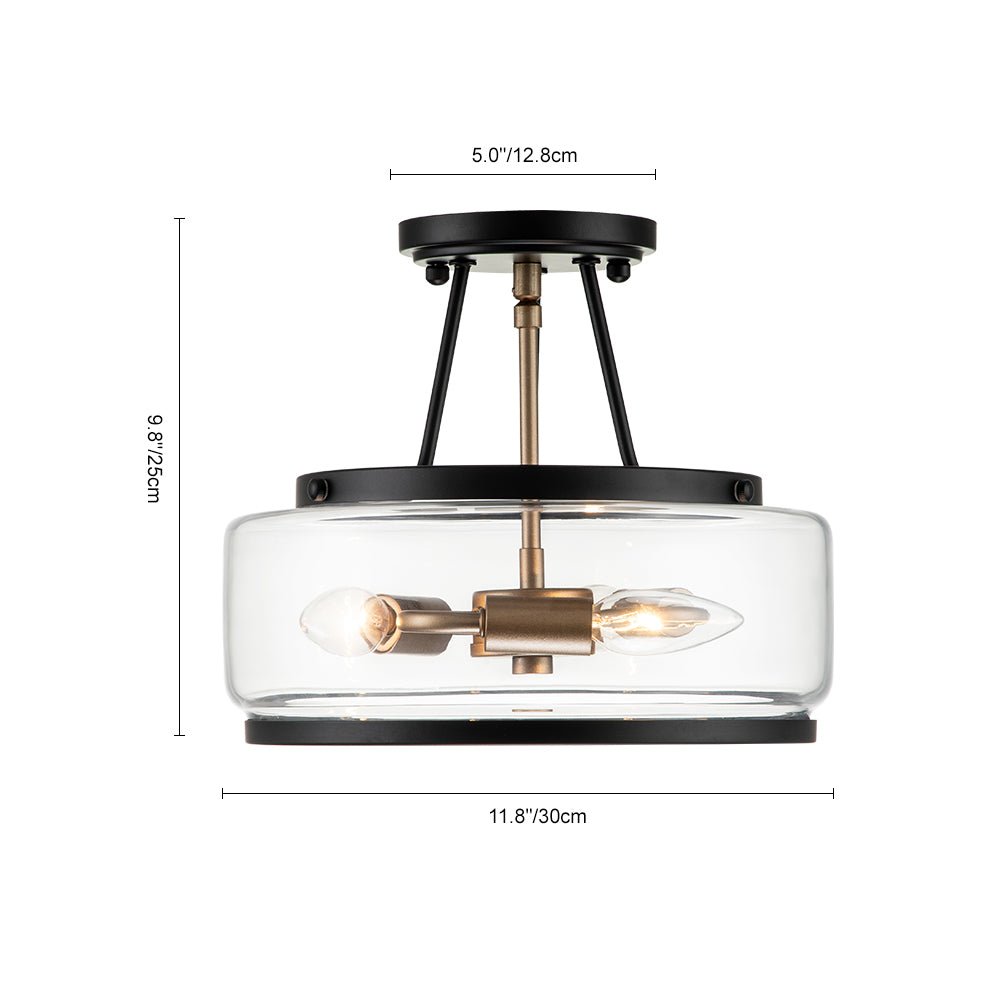 Semi-plafondlamp glas 3-lichts zwart messing ronde drum voor hal keuken slaapkamer E12 fitting modern design | Sulvida