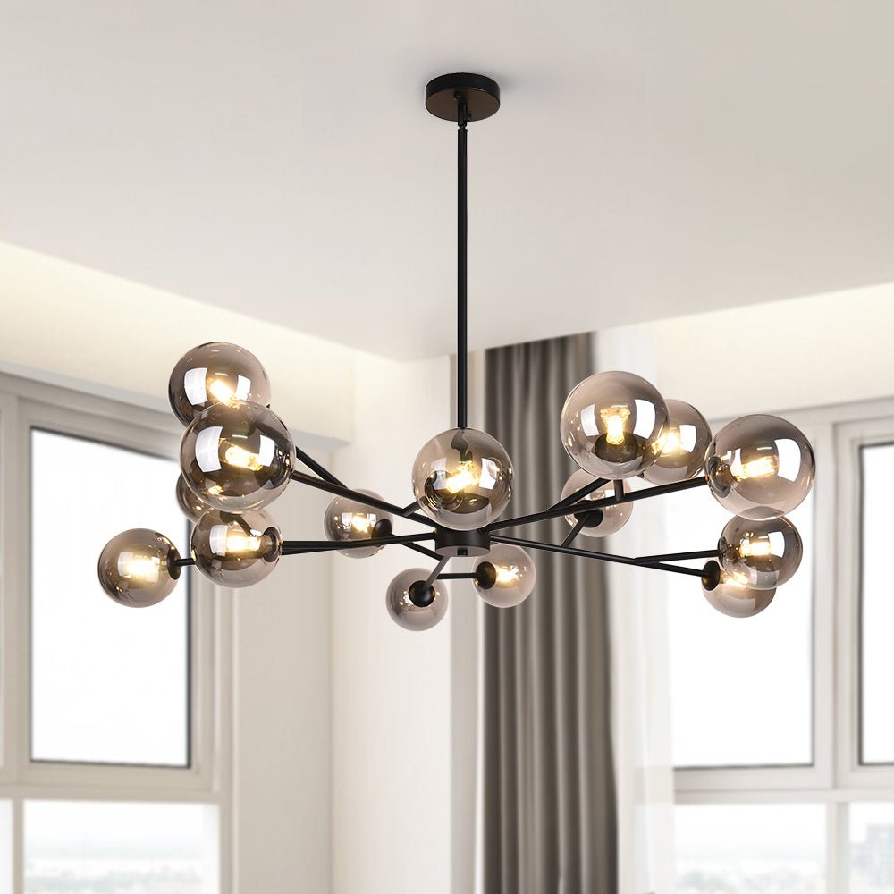 Glazen Kroonluchter met Metalen Frame en 15 Lichtpunten voor Eetkamer Woonkamer Hal Sfeervolle Hanglamp | Sulvida