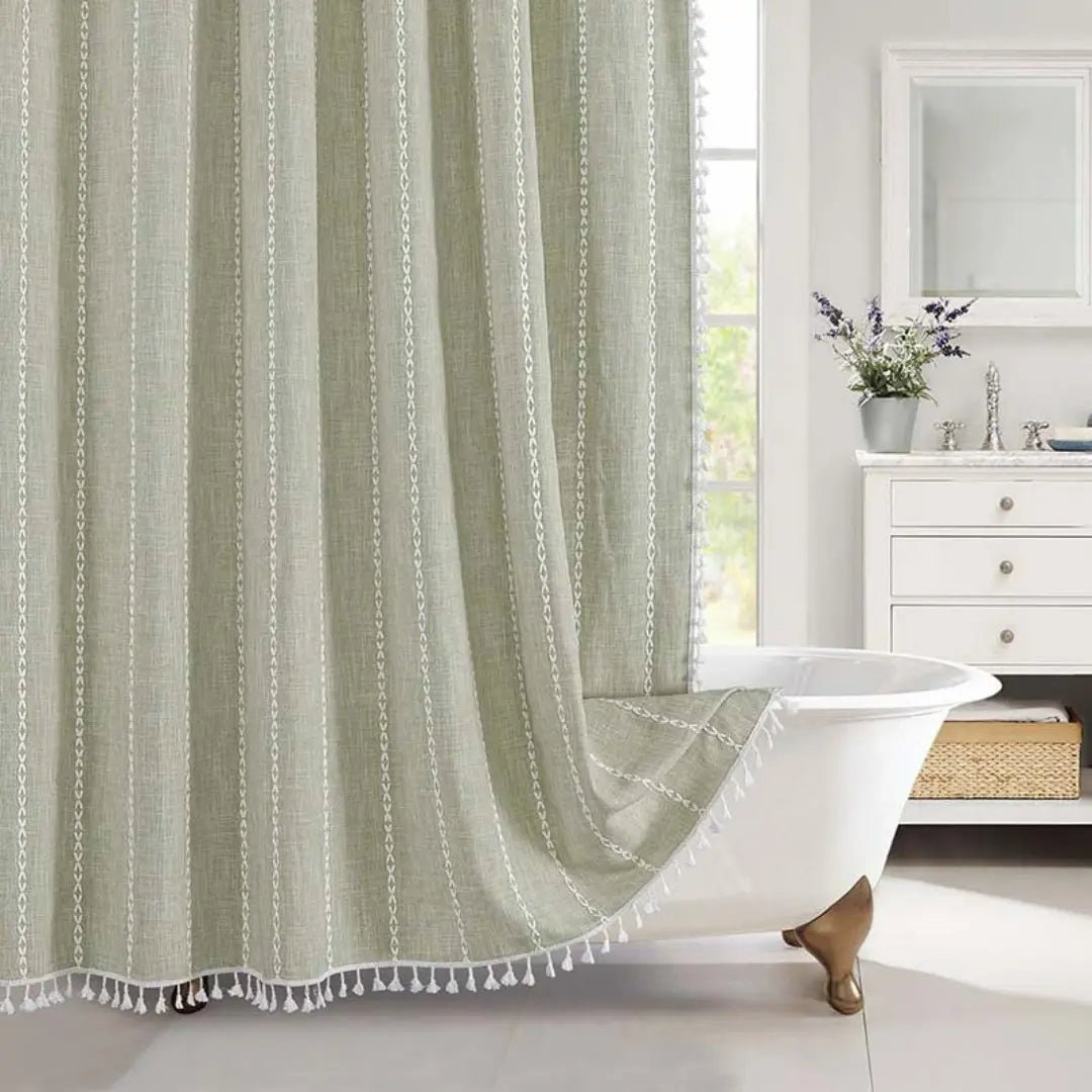 Linnen Douchegordijn met Kwastjes 90x180 cm Waterdicht Boho Landelijke Stijl Badkamer Decoratief Stof | Sulvida