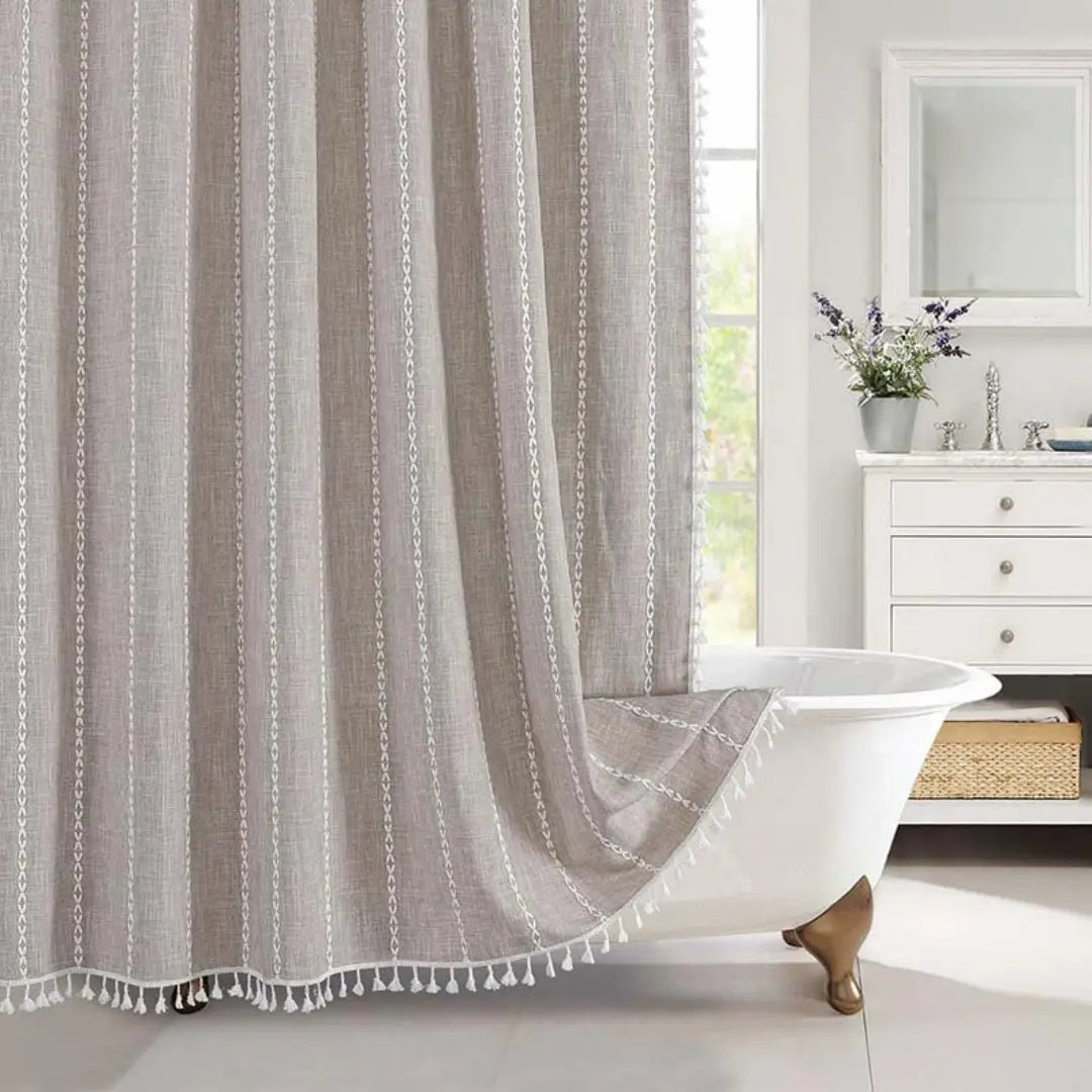 Linnen Douchegordijn met Kwastjes 90x180 cm Waterdicht Boho Landelijke Stijl Badkamer Decoratief Stof | Sulvida